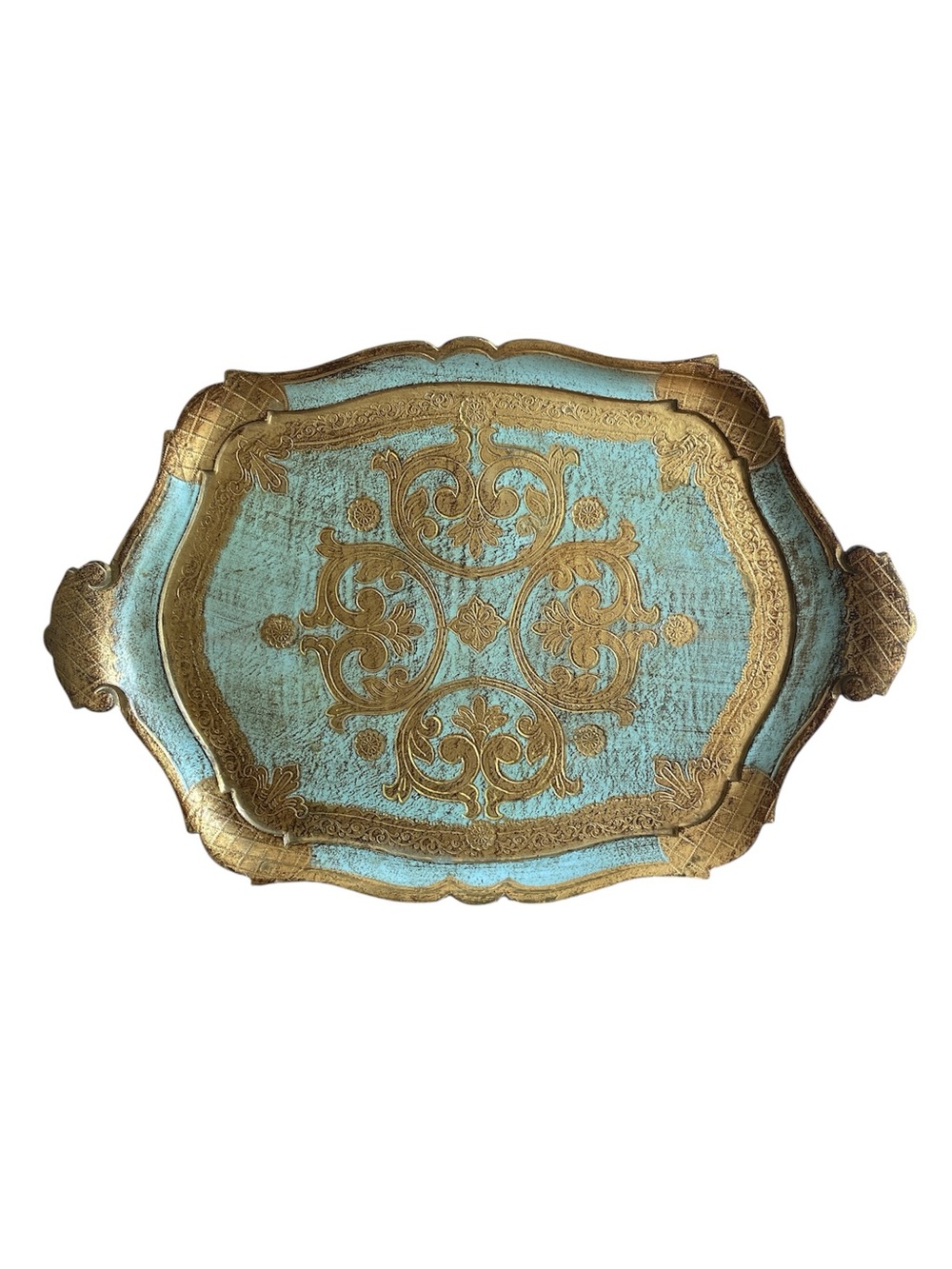 Vintage Mid Century Italian Florentine Turquoise & Gold Serving Tray LFM